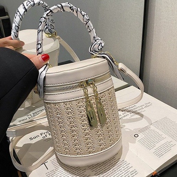 PU Bucket Crossbody Bag with Zipper and Stitching - White,Khaki,Coffee - One Size