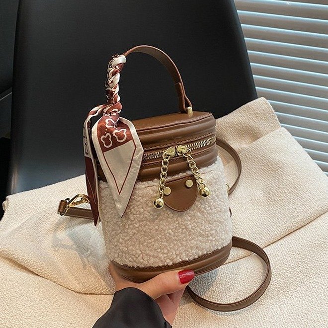PU Bucket Crossbody Bag with Zipper and Stitching Detail - White with Coffee,White,Black,Light Brown,Coffee - One Size