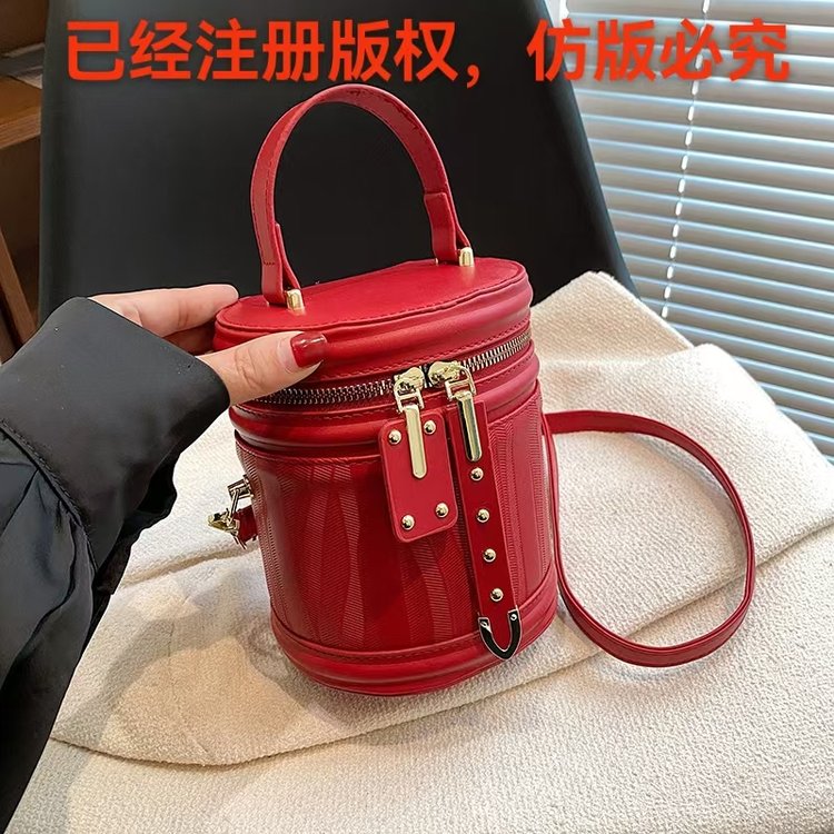 PU Bucket Crossbody Bag with Zipper and Stitching - White with Coffee,White with Black,Black,Wine Red - One Size